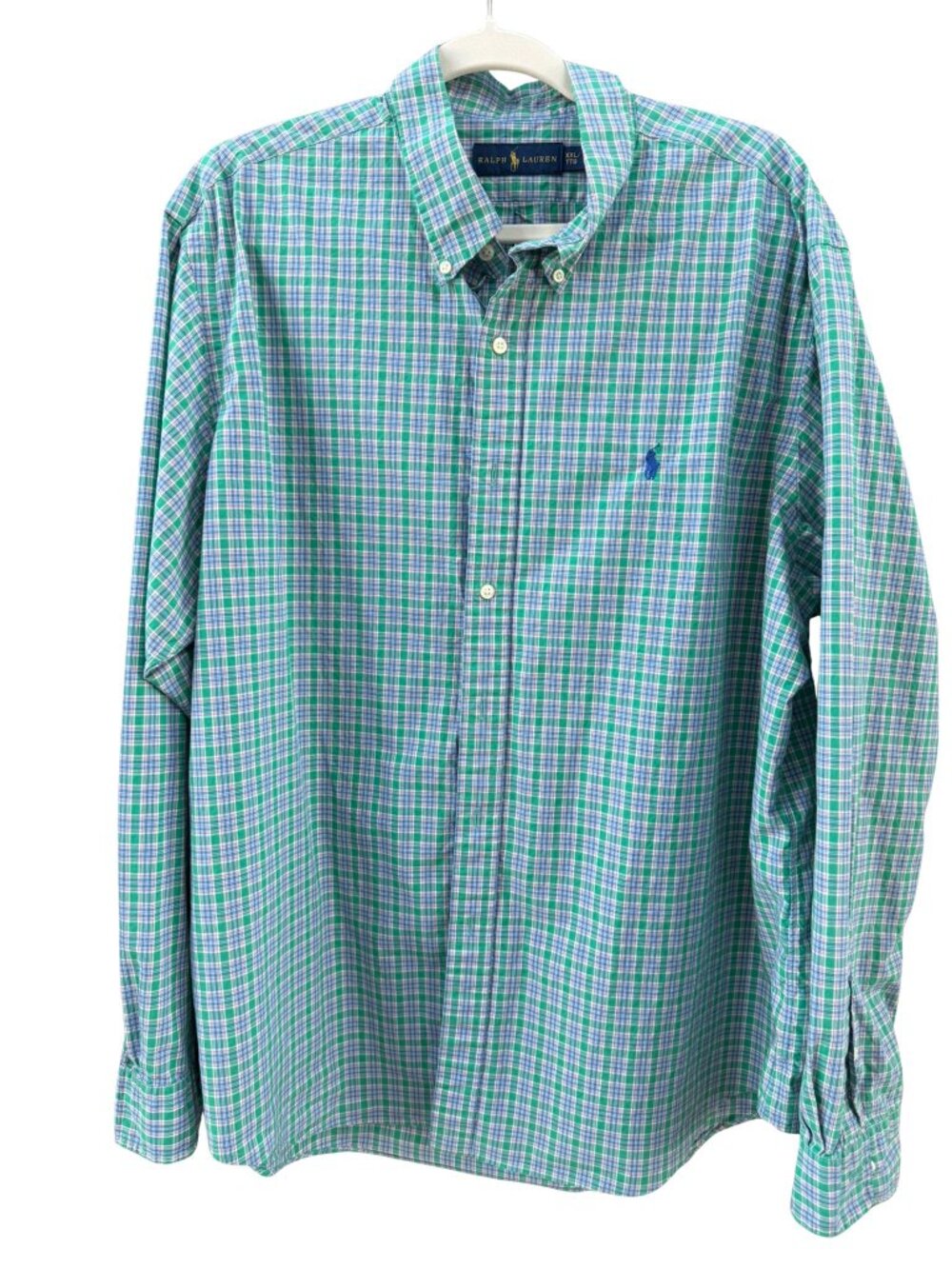 Ralph Lauren XXL Green Blue Plaid Button Down Shirt Cotton Long Sleeve Pony Logo